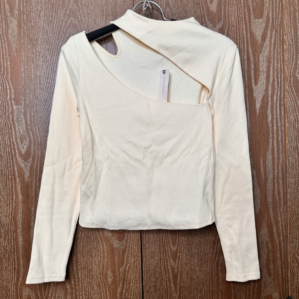 NWT Anthropologie Ivory Ribbed Asymmetrical Cutout Long Sleeve Top XS Athleisure